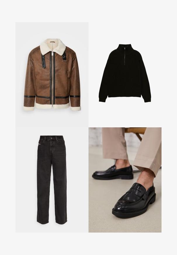 Hnedá kožená bunda s čiernymi akcentmi a ovčím golierom. Má predný zips a detaily na ramene. Štruktúrovaný povrch.; Čierny pletený sveter s vysokým golierom a zipsom na štvrtinu. Obsahuje rebrovanú textúru a spadnuté ramená pre uvoľnený strih.; Čierne deninové nohavice s širokými nohavicami a vysokým pásom, predným zapínaním na gombík, dvoma bočnými vreckami a jemnými švom.; Čierne kožené poltopánky s hladkým povrchom, so zdobným remienkom a kontrastným prešívaním, skombinované s béžovými nohavicami.
