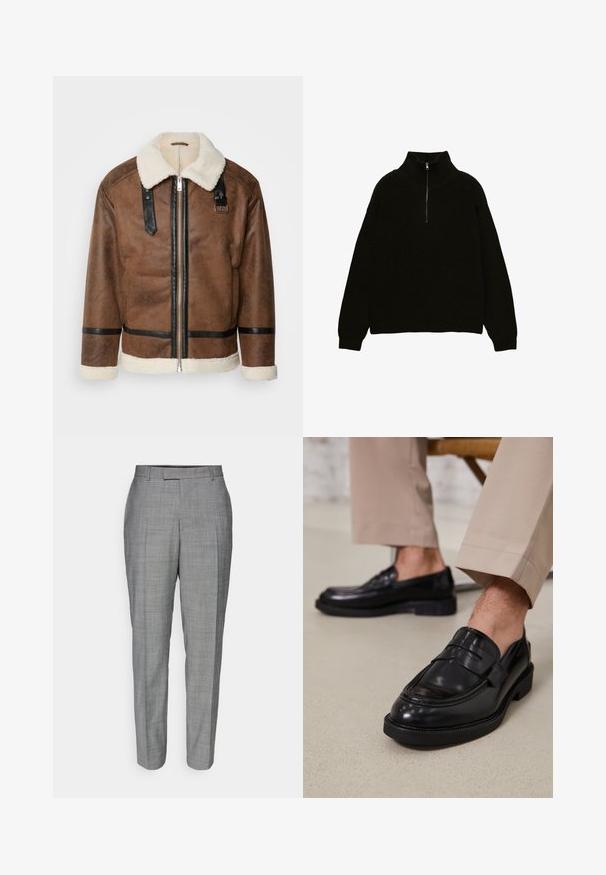 Braune Lederjacke mit schwarzen Akzenten und einem Schaffellkragen. Verfügt über einen Frontreißverschluss und einen Schulterriemen. Strukturierte Oberfläche.; Schwarzer Strickpullover mit hohem Kragen und Viertelreißverschluss. Verfügt über eine gerippte Textur und überschnittene Schultern für eine lockere Passform.; Graue maßgeschneiderte Hose mit einem dezenten Karomuster, geradem Schnitt und glatter Textur, mit flachem Bund und Gürtelschlaufen.; Schwarze Lederloafers mit glatter Oberfläche, ausgestattet mit einem dekorativen Riemen und Kontrastnähten, kombiniert mit beigen Hosen.