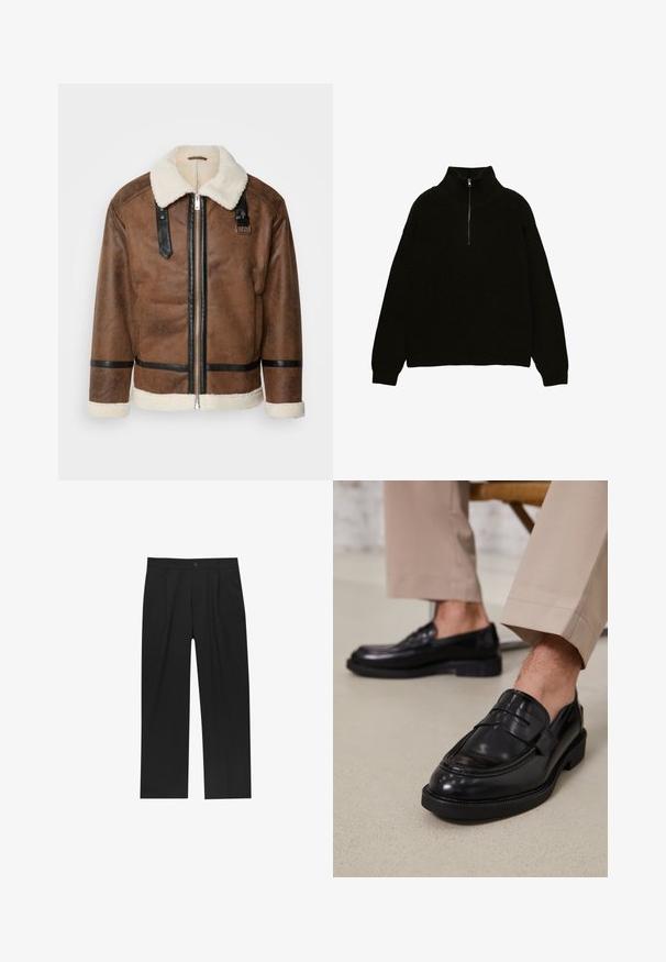 Brun læderjakke med sorte akcenter og en shearlingkrave. Har en frontlynlås og skulderremdetaljer. Tekstureret overflade.; Sort striktrøje med høj krave og kvart lynlås. Har ribbet tekstur og faldne skuldre for en afslappet pasform.; Sorte bukser med lige ben, lavet af et glat stof. Har frontfolder og en enkelt knaplukning i taljen.; Sorte lædermokkasiner med en glat overflade, der har en dekorativ rem og kontraststing, parret med beige bukser.
