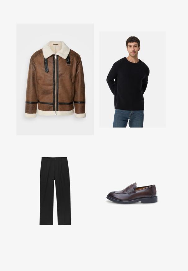 Bruineleren jas met zwarte accenten en een schapenvachtkraag. Heeft een rits aan de voorkant en schouderbanddetails. Gestructureerde afwerking.; Zwarte ribbeltrui met een ronde halslijn en een ontspannen pasvorm. Zachte textuur, lange mouwen, gecombineerd met een blauwe spijkerbroek.; Zwarte broeken met een recht model, gemaakt van een gladde stof. Voorzien van een voorplooien en een enkele knoopsluiting bij de taille.; Bruine leren loafer met een gladde textuur, ronde teen en dubbele banddetails; heeft een zwarte rubberen zool en gestikte accenten.
