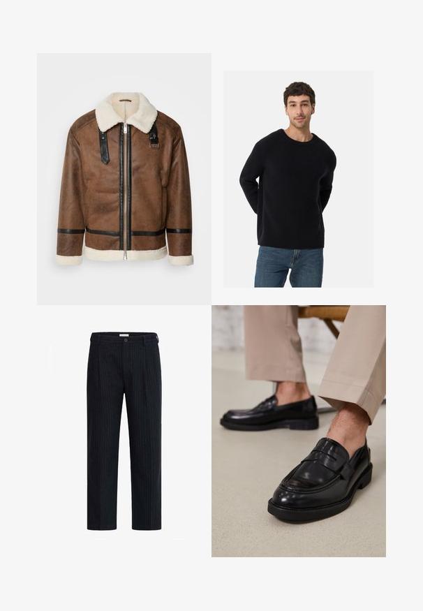 Chaqueta de cuero marrón con acentos negros y un cuello de borreguito. Presenta un cierre frontal y un detalle de correa en el hombro. Acabado texturizado.; Suéter negro de canalé con un escote redondo y ajuste relajado. Textura suave, mangas largas, combinado con jeans azules.; Pantalones oscuros de rayas diplomáticas con diseño de pierna recta, cierre de botón y pliegues ajustados, confeccionados en una tela texturizada.; Mocasines de cuero negro con un acabado suave, que cuentan con una correa decorativa y costuras en contraste, combinados con pantalones beiges.