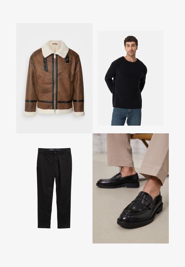 Bruineleren jas met zwarte accenten en een schapenvachtkraag. Heeft een rits aan de voorkant en schouderbanddetails. Gestructureerde afwerking.; Zwarte ribbeltrui met een ronde halslijn en een ontspannen pasvorm. Zachte textuur, lange mouwen, gecombineerd met een blauwe spijkerbroek.; Zwarte chino's gemaakt van een katoenmix. Heeft een rechte pijpdesign, twee zijzakken en een metalen knoopsluiting in de taille.; Zwarte leren loafers met een gladde afwerking, voorzien van een decoratieve band en contrasterende stiksels, gecombineerd met beige broeken.