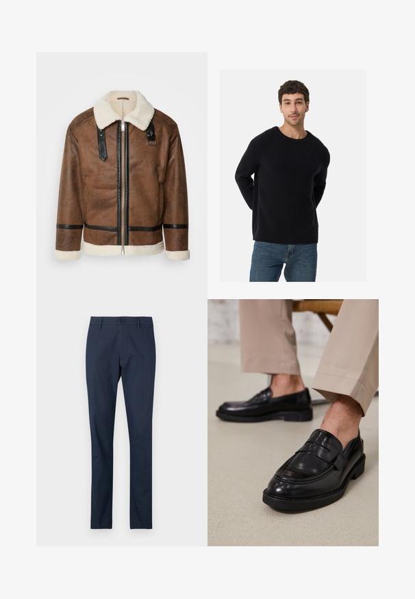 Bruineleren jas met zwarte accenten en een schapenvachtkraag. Heeft een rits aan de voorkant en schouderbanddetails. Gestructureerde afwerking.; Zwarte ribbeltrui met een ronde halslijn en een ontspannen pasvorm. Zachte textuur, lange mouwen, gecombineerd met een blauwe spijkerbroek.; Marineblauwe broeken met een vlakke voorkant, rechte pijpen en een enkele knoopsluiting aan de taille. Glad stof zonder zichtbare patronen.; Zwarte leren loafers met een gladde afwerking, voorzien van een decoratieve band en contrasterende stiksels, gecombineerd met beige broeken.