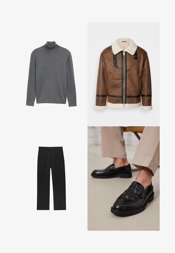 Brązowa skórzana kurtka z czarnymi akcentami i kołnierzem z wełny owczej. Posiada zamek błyskawiczny z przodu i detale na pasku na ramieniu. Teksturowana powierzchnia.; Szary sweter z golfem wykonany z miękkiej dzianiny. Posiada długie rękawy i dopasowany golf, charakteryzuje się minimalistycznym stylem oraz brakiem widocznych logo.; Czarne spodnie o prostym kroju, wykonane z gładkiego materiału. Posiadają zakładki z przodu i pojedyncze zapięcie na guziki w pasie.; Czarne skórzane mokasyny o gładkim wykończeniu, z dekoracyjnym paskiem i kontrastowym szwem, w połączeniu z beżowymi spodniami.