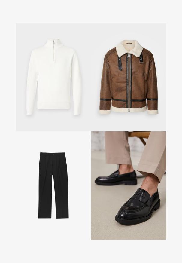 Brun läderjacka med svarta accenter och en fårskinnskrage. Har en frontdragkedja och axelremmar. Texturerad yta.; Vitt ribbat stickat tröja med långa ärmar och hög krage med halvdrog, visad platt på en ljus bakgrund.; Svarta byxor med rak ben-design, tillverkade av ett jämnt tyg. Har framfickor och en enkel knapplåsning i midjan.; Svarta läder loafers med en slät finish, prydda med en dekorativ rem och kontrastsöm, tillsammans med beiga byxor.