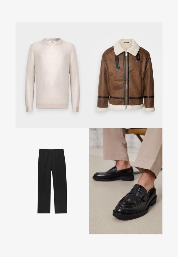 Hnědá kožená bunda s černými akcenty a límcem z ovčí vlny. Obsahuje přední zip a detaily na ramenním popruhu. Texturovaný povrch.; Světle béžový svetr s kulatým výstřihem vyrobený z měkké pleteniny, s dlouhými rukávy a ribovanými manžetami a lemem. Minimalistický design, hladká textura.; Černé kalhoty s rovnými nohavicemi, vyrobené z hladké tkaniny. Mají přední záhyby a jedno knoflíkové zapínání v pase.; Černé kožené loafers s hladkým povrchem, zdobené páskem a kontrastním prošíváním, spárované s béžovými kalhotami.