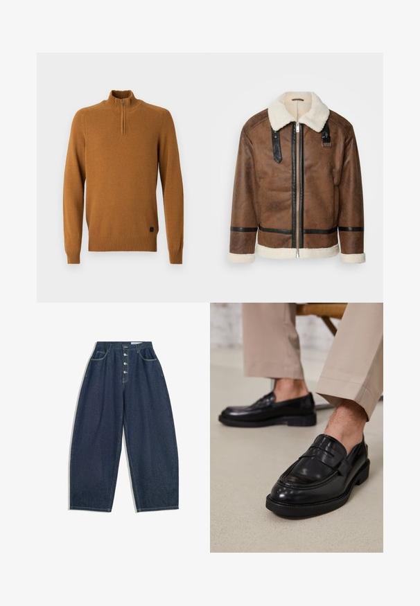 Jachetă din piele maro cu accente negre și guler din blană de oaie. Are fermoar frontal și detalii cu curea pe umeri. Finisaj texturat.; Pulover de culoare bronz, cu gât înalt și fermoar de un sfert. Fabricat dintr-un material tricotat texturat. Mânici și tiv cu nervuri. Logo în partea de jos.; Pantaloni din denim albastru închis, cu picioare largi, talie înaltă, închidere cu cinci nasturi și cinci buzunare. Prezintă accente de cusătură pe cusături.; Loafers negre din piele cu o finisare netedă, având o curea decorativă și cusături contrastante, asortați cu pantaloni bej.