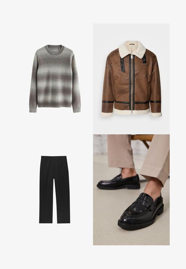 Brown leather jacket with black accents and a shearling collar. Features a front zipper and shoulder strap detail. Textured finish.; Gray sweater made of soft material, featuring a classic crew neck, ribbed cuffs and hem, with a gradient pattern in lighter and darker shades.; Black pants with a straight-leg design, made from a smooth fabric. Features front pleats and a single button closure at the waist.; Black leather loafers with a smooth finish, featuring a decorative strap and contrast stitching, paired with beige trousers.