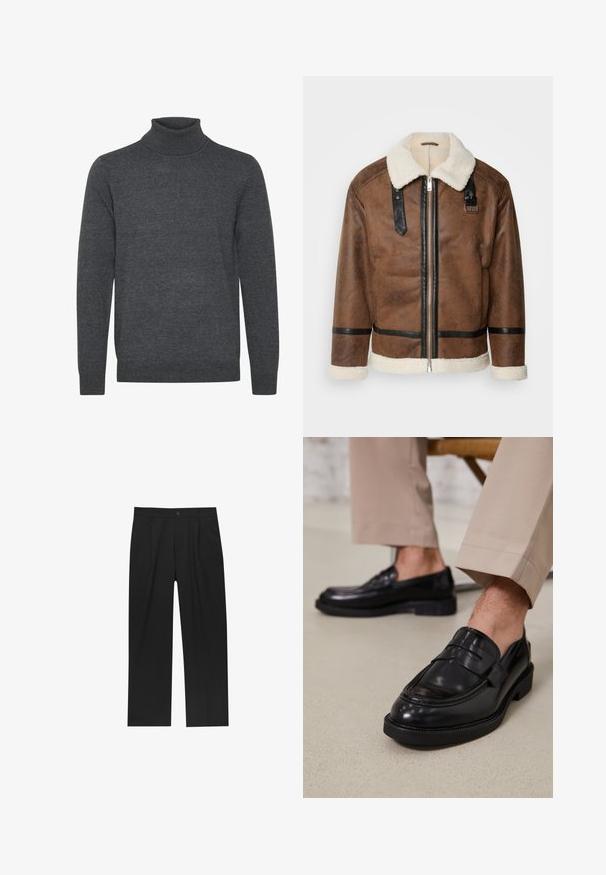 Brun læderjakke med sorte akcenter og en shearlingkrave. Har en frontlynlås og skulderremdetaljer. Tekstureret overflade.; Grå turtleneck sweater lavet af blødt strikket stof. Har en ribbet halsåbning og manchetter, lange ærmer, og et enkelt, udekoreret design.; Sorte bukser med lige ben, lavet af et glat stof. Har frontfolder og en enkelt knaplukning i taljen.; Sorte lædermokkasiner med en glat overflade, der har en dekorativ rem og kontraststing, parret med beige bukser.