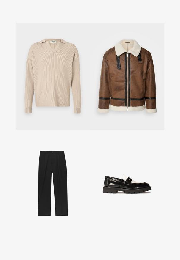 Giacca in pelle marrone con dettagli neri e colletto in pelliccia. Caratterizzata da una cerniera frontale e dettagli sulle spalle. Finitura testurizzata.; Pullover a coste beige con scollo a V e colletto, dotato di maniche lunghe e una vestibilità rilassata, realizzato in un tessuto morbido e testurizzato.; Pantaloni neri con un design a gamba dritta, realizzati in un tessuto liscio. Presentano pieghe frontali e una chiusura a un bottone in vita.; Mocassini in vernice nera con accento in pelle bianca, suola in gomma nera dal battistrada spesso e dettagli cuciti. Texture liscia con una finitura lucida.