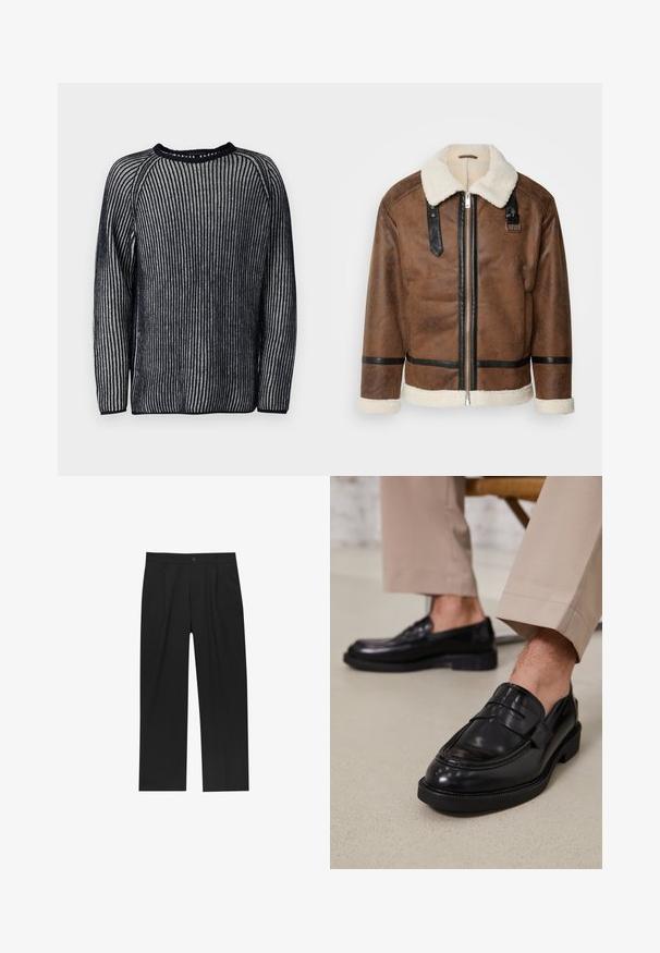 Braune Lederjacke mit schwarzen Akzenten und einem Schaffellkragen. Verfügt über einen Frontreißverschluss und einen Schulterriemen. Strukturierte Oberfläche.; Strickpullover mit marineblauen und weißen vertikalen Streifen, Rundhalsausschnitt und langen Ärmeln. Verfügt über eine gerippte Textur und Raglan-Design.; Schwarze Hose mit geradem Schnitt, aus einem glatten Stoff gefertigt. Verfügt über Vorderfalten und einen einzelnen Knopfverschluss an der Taille.; Schwarze Lederloafers mit glatter Oberfläche, ausgestattet mit einem dekorativen Riemen und Kontrastnähten, kombiniert mit beigen Hosen.