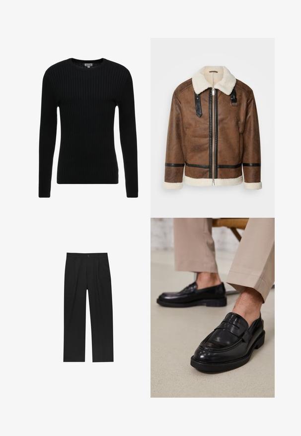 Giacca in pelle marrone con dettagli neri e colletto in pelliccia. Caratterizzata da una cerniera frontale e dettagli sulle spalle. Finitura testurizzata.; Maglione nero a maniche lunghe con collo a girocollo; tessuto testurizzato con linee verticali; silhouette aderente; senza decorazioni o accenti visibili.; Pantaloni neri con un design a gamba dritta, realizzati in un tessuto liscio. Presentano pieghe frontali e una chiusura a un bottone in vita.; Mocassini in pelle nera con finitura liscia, dotati di una cintura decorativa e cuciture a contrasto, abbinati a pantaloni beige.