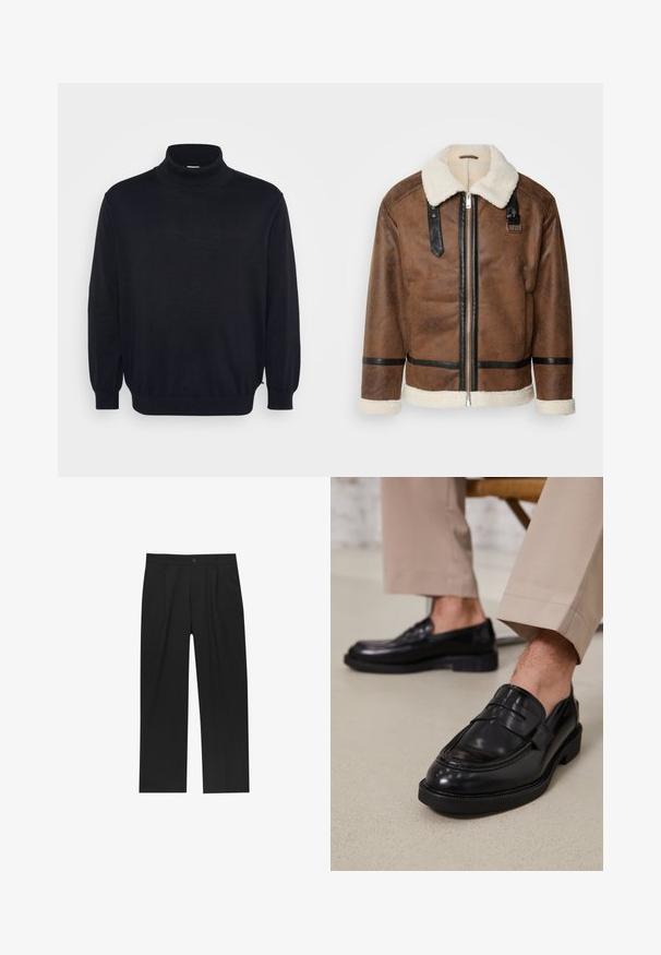 Braune Lederjacke mit schwarzen Akzenten und einem Schaffellkragen. Verfügt über einen Frontreißverschluss und einen Schulterriemen. Strukturierte Oberfläche.; Schwarzer Rollkragenpullover mit langen Ärmeln, geripptem Kragen und Bündchen, im lässigen Schnitt und mit glatter Textur. Entworfen für die Freizeit.; Schwarze Hose mit geradem Schnitt, aus einem glatten Stoff gefertigt. Verfügt über Vorderfalten und einen einzelnen Knopfverschluss an der Taille.; Schwarze Lederloafers mit glatter Oberfläche, ausgestattet mit einem dekorativen Riemen und Kontrastnähten, kombiniert mit beigen Hosen.