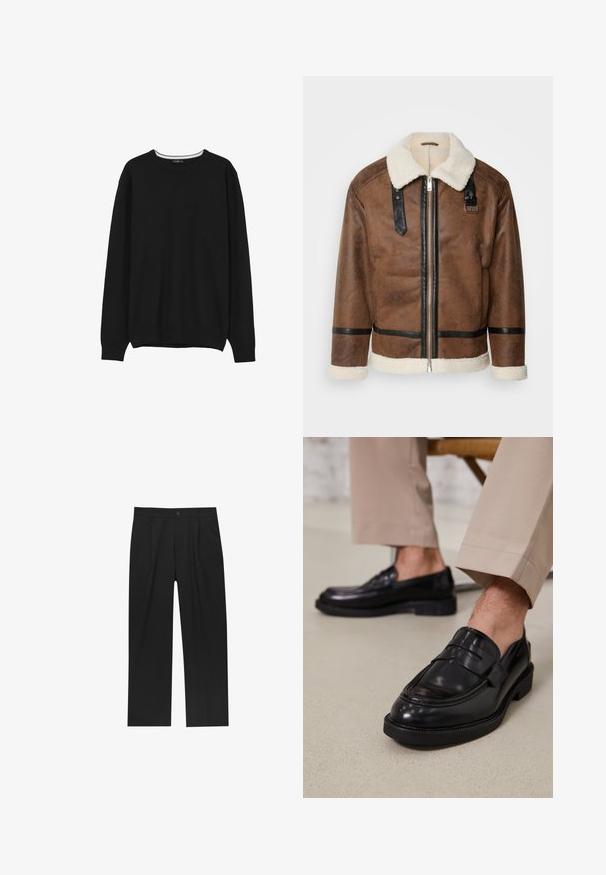 Giacca in pelle marrone con dettagli neri e colletto in pelliccia. Caratterizzata da una cerniera frontale e dettagli sulle spalle. Finitura testurizzata.; Maglione nero a maniche lunghe con collo rotondo, dotato di polsini e orlo a coste, esposto su uno sfondo bianco.; Pantaloni neri con un design a gamba dritta, realizzati in un tessuto liscio. Presentano pieghe frontali e una chiusura a un bottone in vita.; Mocassini in pelle nera con finitura liscia, dotati di una cintura decorativa e cuciture a contrasto, abbinati a pantaloni beige.