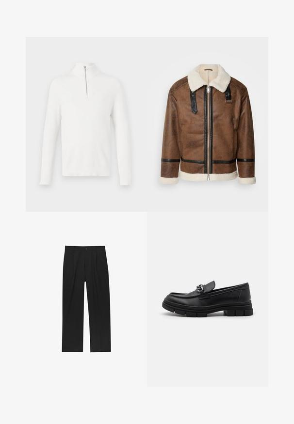 Brown leather jacket with black accents and a shearling collar. Features a front zipper and shoulder strap detail. Textured finish.; White, ribbed knit pullover with long sleeves and a high neck. Features a silver zippered front detail. Soft texture and fitted shape.; Black pants with a straight-leg design, made from a smooth fabric. Features front pleats and a single button closure at the waist.; Black leather loafer with a rounded toe, a decorative strap and hardware, and a chunky textured sole. Smooth finish with subtle detailing.