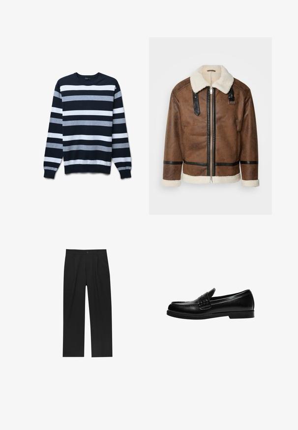 Braune Lederjacke mit schwarzen Akzenten und einem Schaffellkragen. Verfügt über einen Frontreißverschluss und einen Schulterriemen. Strukturierte Oberfläche.; Marineblaues Sweatshirt mit horizontalen Streifen in Hellgrau und Weiß. Mit Rundhalsausschnitt und gerippten Bündchen. Weicher Strickstoff.; Schwarze Hose mit geradem Schnitt, aus einem glatten Stoff gefertigt. Verfügt über Vorderfalten und einen einzelnen Knopfverschluss an der Taille.; Schwarze Lederloafer mit glatter Oberfläche, ausgestattet mit einer Nahtverzierung an der Vorderkappe und einer niedrigen, durchgehenden Gummisohle in Schwarz.