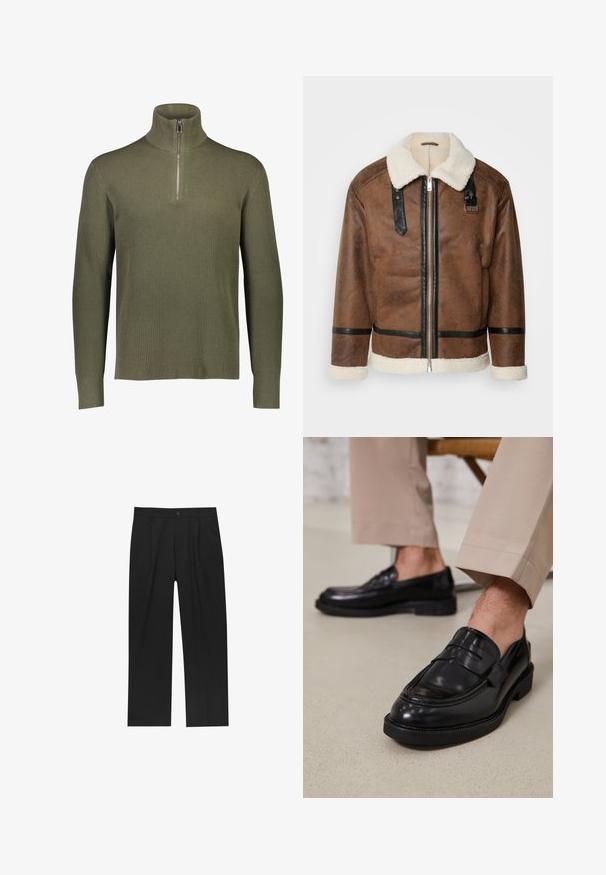 Rjava usnjena jakna z črnimi detajli in ovratnikom iz ovčje kože. Ima sprednji zadrgo in detajle na ramenskem pasu. Teksturiran zaključek.; Olivno zelena rebrasta pletena puloverja z visokim ovratnikom in četrtinskim zadrgo. Ima dolge rokave in teksturirano površino.; Črne hlače z ravnim krojem, narejene iz gladkega materiala. Imajo sprednje gube in enojno zaponko na pasu.; Črne usnjene loafer čevlje z gladko površino, ki imajo okrasno zaponko in kontrastno šivanje, v kombinaciji s bež hlačami.