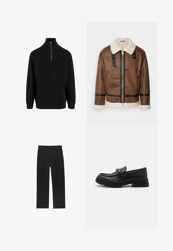 Brązowa skórzana kurtka z czarnymi akcentami i kołnierzem z wełny owczej. Posiada zamek błyskawiczny z przodu i detale na pasku na ramieniu. Teksturowana powierzchnia.; Czarny sweter z golfem, z dzianiny prążkowanej, z półsuwnym zamkiem, długimi rękawami i luźnym krojem. Teksturowana dzianina w jednolitym kolorze.; Czarne spodnie o prostym kroju, wykonane z gładkiego materiału. Posiadają zakładki z przodu i pojedyncze zapięcie na guziki w pasie.; Czarne skórzane półbuty z okrągłym noskiem, dekoracyjnym paskiem i elementami metalowymi oraz grubą, fakturowaną podeszwą. Gładkie wykończenie z subtelnymi detalami.