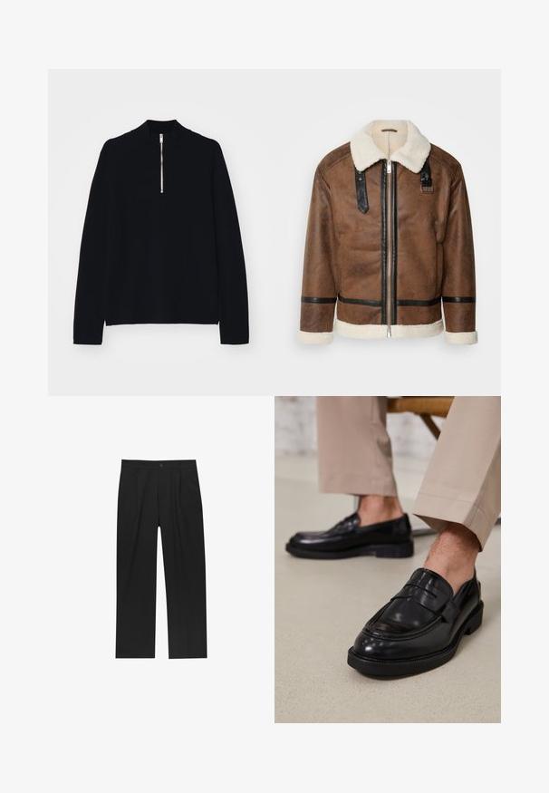 Braune Lederjacke mit schwarzen Akzenten und einem Schaffellkragen. Verfügt über einen Frontreißverschluss und einen Schulterriemen. Strukturierte Oberfläche.; Schwarzes Langarmoberteil aus einem weichen Material, mit einem hohen Stehkragen und einem halbseitigen Reißverschluss an der Vorderseite, in lockerem Schnitt.; Schwarze Hose mit geradem Schnitt, aus einem glatten Stoff gefertigt. Verfügt über Vorderfalten und einen einzelnen Knopfverschluss an der Taille.; Schwarze Lederloafers mit glatter Oberfläche, ausgestattet mit einem dekorativen Riemen und Kontrastnähten, kombiniert mit beigen Hosen.
