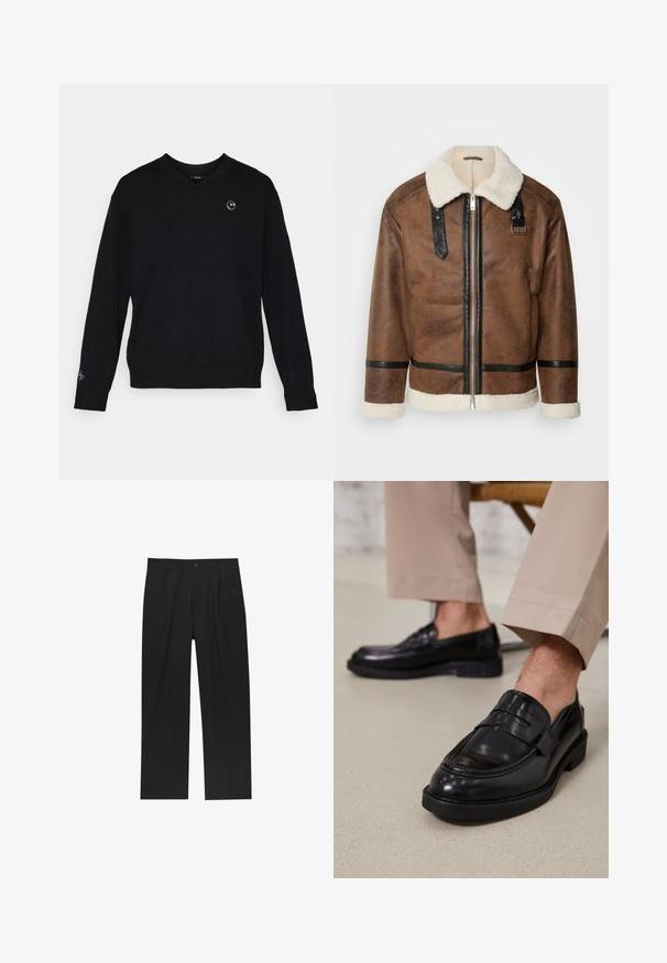 Barna bőrkabát fekete díszítéssel és báránybőr gallérral. Elülső cipzárral és vállpánt részletekkel rendelkezik. Griffes felület.; Fekete V nyakú pulóver, puha anyagból készült, hosszú ujjakkal. A bal mellen egy kis kör alakú logó található; finom hímzés a bal ujjon.; Fekete nadrág egyenes szárú kialakítással, sima anyagból készült. Elöl redők és egy gombos záródás található a derékon.; Fekete bőr loaferek sima felülettel, díszítő pánttal és kontrasztos varrással, bézs nadrággal párosítva.