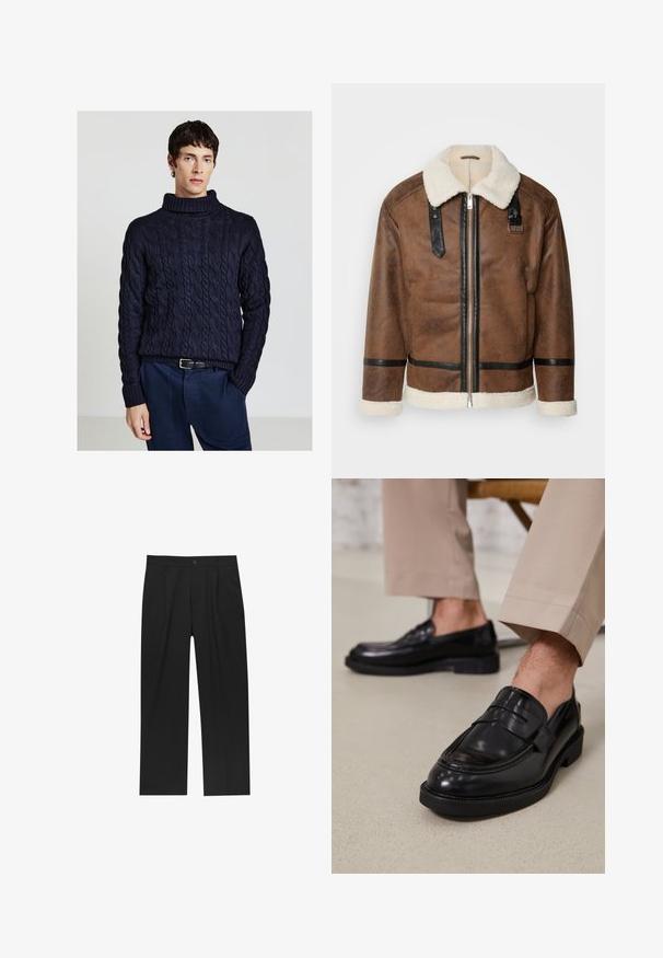 Giacca in pelle marrone con dettagli neri e colletto in pelliccia. Caratterizzata da una cerniera frontale e dettagli sulle spalle. Finitura testurizzata.; Maglione a collo alto in misto lana blu navy con motivo a treccia, polsini e orlo ribattuti. Abbinato a pantaloni scuri, in una vestibilità comoda.; Pantaloni neri con un design a gamba dritta, realizzati in un tessuto liscio. Presentano pieghe frontali e una chiusura a un bottone in vita.; Mocassini in pelle nera con finitura liscia, dotati di una cintura decorativa e cuciture a contrasto, abbinati a pantaloni beige.