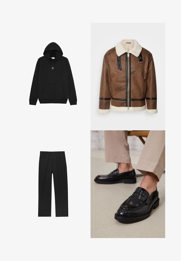 Hnedá kožená bunda s čiernymi akcentmi a ovčím golierom. Má predný zips a detaily na ramene. Štruktúrovaný povrch.; Čierna mikina s kapucňou vyrobená z mäkkého materiálu, so šnúrkou na kapucni, prednou klokankou a malou grafikou "II" na hrudi.; Čierne nohavice s rovnými nohavicami, vyrobené z hladkej tkaniny. Majú predné puky a jediné gombíkové zapínanie v páse.; Čierne kožené poltopánky s hladkým povrchom, so zdobným remienkom a kontrastným prešívaním, skombinované s béžovými nohavicami.