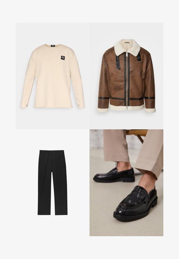 Braune Lederjacke mit schwarzen Akzenten und einem Schaffellkragen. Verfügt über einen Frontreißverschluss und einen Schulterriemen. Strukturierte Oberfläche.; Beige Langarm-Strickpullover mit Rundhalsausschnitt und kleinem schwarzen Logo-Patch auf der linken Brust.; Schwarze Hose mit geradem Schnitt, aus einem glatten Stoff gefertigt. Verfügt über Vorderfalten und einen einzelnen Knopfverschluss an der Taille.; Schwarze Lederloafers mit glatter Oberfläche, ausgestattet mit einem dekorativen Riemen und Kontrastnähten, kombiniert mit beigen Hosen.