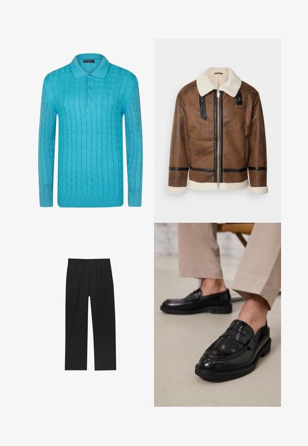 Brun læderjakke med sorte akcenter og en shearlingkrave. Har en frontlynlås og skulderremdetaljer. Tekstureret overflade.; Turkisblå strikket pullover med kabelmønster, ribbet manchetter og kant samt en klassisk polo-krave med to knapper.; Sorte bukser med lige ben, lavet af et glat stof. Har frontfolder og en enkelt knaplukning i taljen.; Sorte lædermokkasiner med en glat overflade, der har en dekorativ rem og kontraststing, parret med beige bukser.
