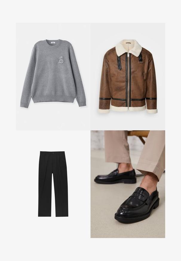 Rjava usnjena jakna z črnimi detajli in ovratnikom iz ovčje kože. Ima sprednji zadrgo in detajle na ramenskem pasu. Teksturiran zaključek.; Siva trenerka z dolgimi rokavi, okroglim ovratnikom in majhnim izvezenim logotipom kače na levem prsnem delu. Mehka tekstura in sproščen kroj.; Črne hlače z ravnim krojem, narejene iz gladkega materiala. Imajo sprednje gube in enojno zaponko na pasu.; Črne usnjene loafer čevlje z gladko površino, ki imajo okrasno zaponko in kontrastno šivanje, v kombinaciji s bež hlačami.