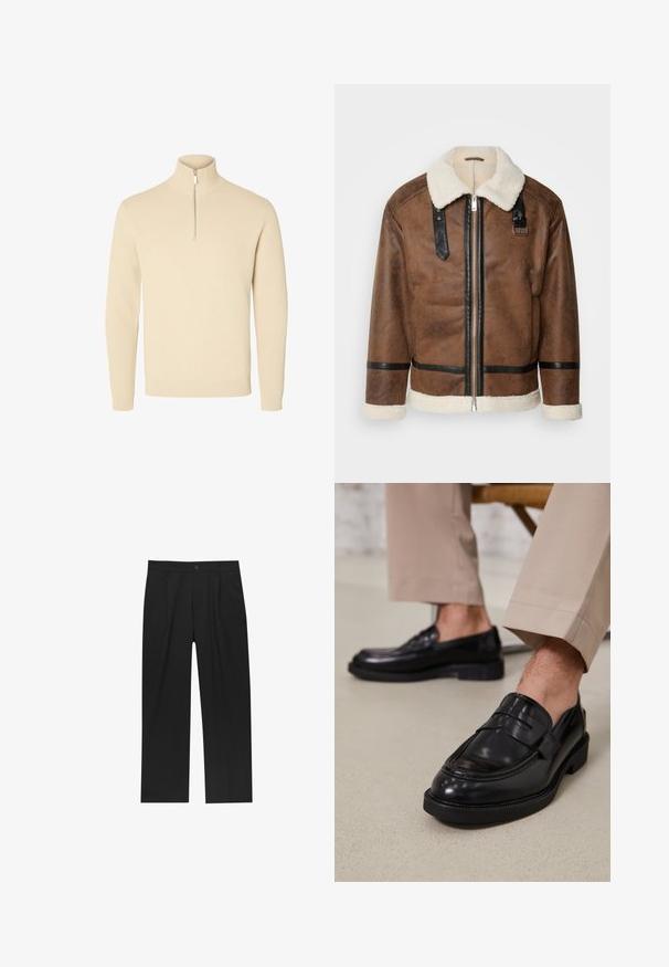 Jachetă din piele maro cu accente negre și guler din blană de oaie. Are fermoar frontal și detalii cu curea pe umeri. Finisaj texturat.; Pulover bej, tricotat cu nervuri, cu guler înalt și fermoar pe jumătate. Dispune de mâneci lungi și un tiv ajustat.; Pantaloni negri cu un design drept, fabricați dintr-un material neted. Au plisse în față și un sistem de închidere cu un singur buton la talie.; Loafers negre din piele cu o finisare netedă, având o curea decorativă și cusături contrastante, asortați cu pantaloni bej.
