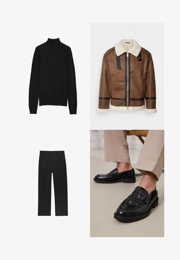 Giacca in pelle marrone con dettagli neri e colletto in pelliccia. Caratterizzata da una cerniera frontale e dettagli sulle spalle. Finitura testurizzata.; Maglione a collo alto nero realizzato in un morbido tessuto texturizzato. Presenta maniche lunghe e un colletto alto aderente, con un design pulito e minimalista.; Pantaloni neri con un design a gamba dritta, realizzati in un tessuto liscio. Presentano pieghe frontali e una chiusura a un bottone in vita.; Mocassini in pelle nera con finitura liscia, dotati di una cintura decorativa e cuciture a contrasto, abbinati a pantaloni beige.