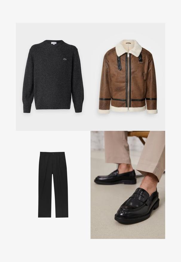 Braune Lederjacke mit schwarzen Akzenten und einem Schaffellkragen. Verfügt über einen Frontreißverschluss und einen Schulterriemen. Strukturierte Oberfläche.; Lacoste Strickpullover - bitume neps; Schwarze Hose mit geradem Schnitt, aus einem glatten Stoff gefertigt. Verfügt über Vorderfalten und einen einzelnen Knopfverschluss an der Taille.; Schwarze Lederloafers mit glatter Oberfläche, ausgestattet mit einem dekorativen Riemen und Kontrastnähten, kombiniert mit beigen Hosen.