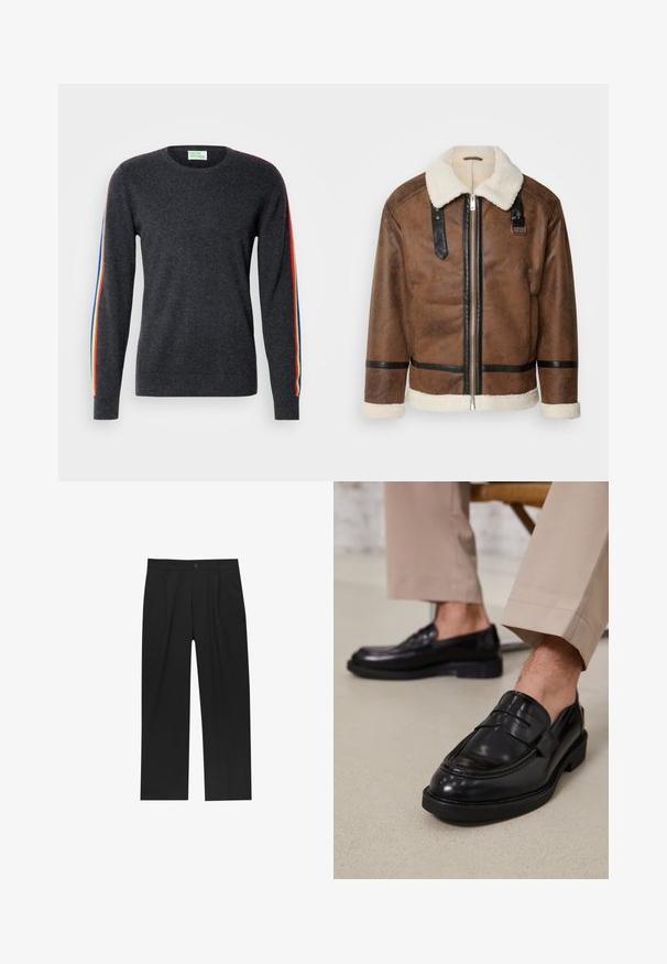 Brown leather jacket with black accents and a shearling collar. Features a front zipper and shoulder strap detail. Textured finish.; Dark gray sweater with long sleeves, featuring rainbow stripes along the shoulders. Made of soft fabric with a crew neckline.; Black pants with a straight-leg design, made from a smooth fabric. Features front pleats and a single button closure at the waist.; Black leather loafers with a smooth finish, featuring a decorative strap and contrast stitching, paired with beige trousers.