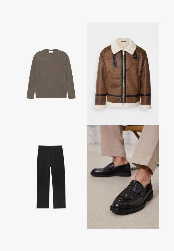 Giacca in pelle marrone con dettagli neri e colletto in pelliccia. Caratterizzata da una cerniera frontale e dettagli sulle spalle. Finitura testurizzata.; Maglione a coste in colore marrone terra, con scollo a girocollo e maniche lunghe, caratterizzato da una finitura texturizzata e un'etichetta di branding sottile.; Pantaloni neri con un design a gamba dritta, realizzati in un tessuto liscio. Presentano pieghe frontali e una chiusura a un bottone in vita.; Mocassini in pelle nera con finitura liscia, dotati di una cintura decorativa e cuciture a contrasto, abbinati a pantaloni beige.