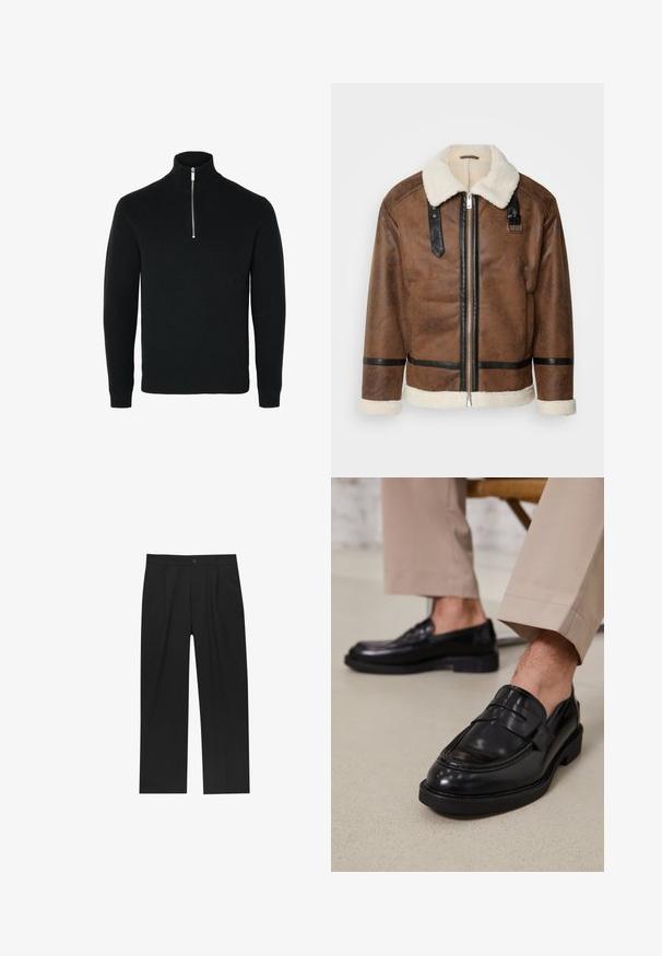 Brązowa skórzana kurtka z czarnymi akcentami i kołnierzem z wełny owczej. Posiada zamek błyskawiczny z przodu i detale na pasku na ramieniu. Teksturowana powierzchnia.; Czarny sweter z dzianiny z kołnierzem na zamek błyskawiczny, z teksturowanym wzorem, z przodu zapinany na zamek oraz z prążkowanymi mankietami i dołem.; Czarne spodnie o prostym kroju, wykonane z gładkiego materiału. Posiadają zakładki z przodu i pojedyncze zapięcie na guziki w pasie.; Czarne skórzane mokasyny o gładkim wykończeniu, z dekoracyjnym paskiem i kontrastowym szwem, w połączeniu z beżowymi spodniami.