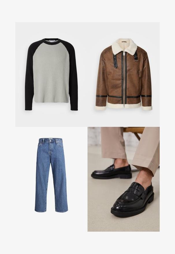 Braune Lederjacke mit schwarzen Akzenten und einem Schaffellkragen. Verfügt über einen Frontreißverschluss und einen Schulterriemen. Strukturierte Oberfläche.; Rippstrickpullover mit einem hellgrauen Körper und schwarzen Raglanärmeln. Rundhalsausschnitt, strukturiertes Material und lockere Passform.; Hellblaue Denim-Jeans mit geradem Bein, hohem Bund und minimalen Nähdetails. Der Stoff hat eine weiche, leicht ausgewaschene Textur.; Schwarze Lederloafers mit glatter Oberfläche, ausgestattet mit einem dekorativen Riemen und Kontrastnähten, kombiniert mit beigen Hosen.