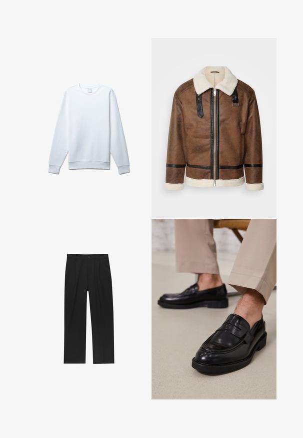 Giacca in pelle marrone con dettagli neri e colletto in pelliccia. Caratterizzata da una cerniera frontale e dettagli sulle spalle. Finitura testurizzata.; Felpa bianca a maniche lunghe realizzata in tessuto testurizzato, con colletto e polsini a coste, e orlo dritto con cuciture rinforzate.; Pantaloni neri con un design a gamba dritta, realizzati in un tessuto liscio. Presentano pieghe frontali e una chiusura a un bottone in vita.; Mocassini in pelle nera con finitura liscia, dotati di una cintura decorativa e cuciture a contrasto, abbinati a pantaloni beige.