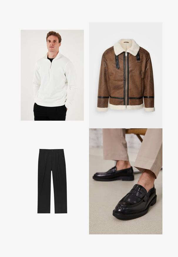 Bruineleren jas met zwarte accenten en een schapenvachtkraag. Heeft een rits aan de voorkant en schouderbanddetails. Gestructureerde afwerking.; Witte zip-up sweatshirt met een hoge kraag, zacht materiaal, lange mouwen en een losse pasvorm, gecombineerd met zwarte broek.; Zwarte broeken met een recht model, gemaakt van een gladde stof. Voorzien van een voorplooien en een enkele knoopsluiting bij de taille.; Zwarte leren loafers met een gladde afwerking, voorzien van een decoratieve band en contrasterende stiksels, gecombineerd met beige broeken.