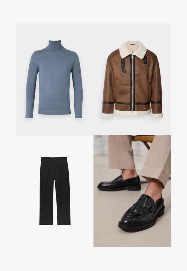 Giacca in pelle marrone con dettagli neri e colletto in pelliccia. Caratterizzata da una cerniera frontale e dettagli sulle spalle. Finitura testurizzata.; Maglione a collo alto maniche lunghe di un blu chiaro, con una trama a maglia liscia e un profilo aderente su uno sfondo bianco.; Pantaloni neri con un design a gamba dritta, realizzati in un tessuto liscio. Presentano pieghe frontali e una chiusura a un bottone in vita.; Mocassini in pelle nera con finitura liscia, dotati di una cintura decorativa e cuciture a contrasto, abbinati a pantaloni beige.