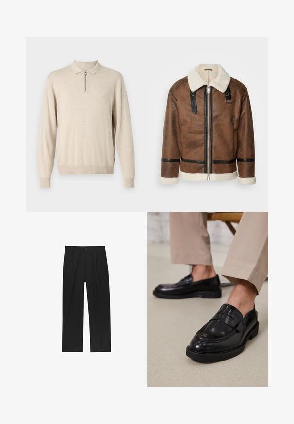 Braune Lederjacke mit schwarzen Akzenten und einem Schaffellkragen. Verfügt über einen Frontreißverschluss und einen Schulterriemen. Strukturierte Oberfläche.; Beiger Langarmpullover mit Kragen und Reißverschluss. Hergestellt aus weichem Material mit gerippten Bündchen und Saum.; Schwarze Hose mit geradem Schnitt, aus einem glatten Stoff gefertigt. Verfügt über Vorderfalten und einen einzelnen Knopfverschluss an der Taille.; Schwarze Lederloafers mit glatter Oberfläche, ausgestattet mit einem dekorativen Riemen und Kontrastnähten, kombiniert mit beigen Hosen.