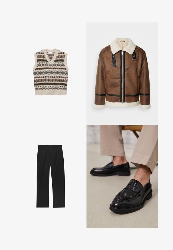 Hnědá kožená bunda s černými akcenty a límcem z ovčí vlny. Obsahuje přední zip a detaily na ramenním popruhu. Texturovaný povrch.; Les Deux HORDUR FAIR ISLE - Svetr - sand; Černé kalhoty s rovnými nohavicemi, vyrobené z hladké tkaniny. Mají přední záhyby a jedno knoflíkové zapínání v pase.; Černé kožené loafers s hladkým povrchem, zdobené páskem a kontrastním prošíváním, spárované s béžovými kalhotami.