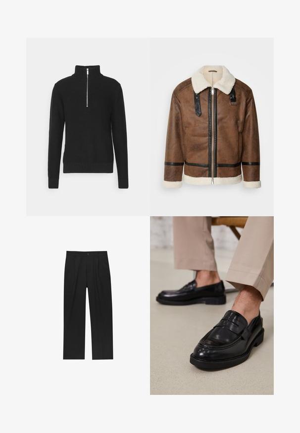Jachetă din piele maro cu accente negre și guler din blană de oaie. Are fermoar frontal și detalii cu curea pe umeri. Finisaj texturat.; Pulover negru din tricot, cu guler înalt, închidere cu fermoar, manșete și tiv ribbate, având o textură netedă și o siluetă ajustată.; Pantaloni negri cu un design drept, fabricați dintr-un material neted. Au plisse în față și un sistem de închidere cu un singur buton la talie.; Loafers negre din piele cu o finisare netedă, având o curea decorativă și cusături contrastante, asortați cu pantaloni bej.