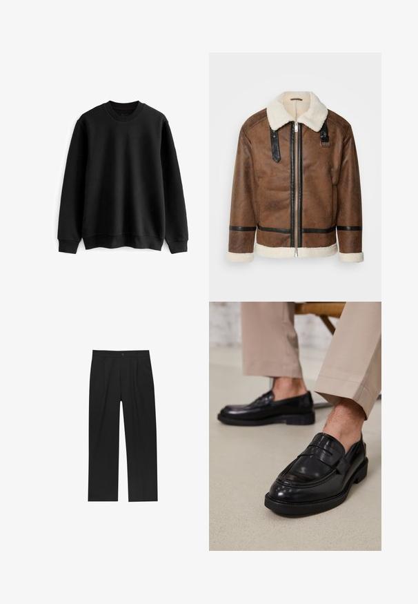 Brun læderjakke med sorte akcenter og en shearlingkrave. Har en frontlynlås og skulderremdetaljer. Tekstureret overflade.; Next TEXTURE CREW - Sweatshirt - black; Sorte bukser med lige ben, lavet af et glat stof. Har frontfolder og en enkelt knaplukning i taljen.; Sorte lædermokkasiner med en glat overflade, der har en dekorativ rem og kontraststing, parret med beige bukser.