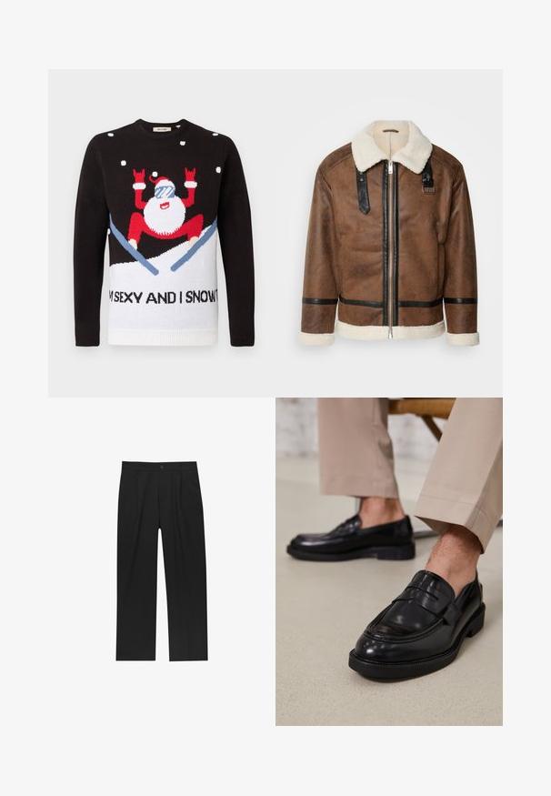 Veste en cuir marron avec des accents noirs et un col en shearling. Présente une fermeture à glissière à l'avant et des détails de sangle aux épaules. Fini texturé.; Pull en tricot noir avec une section inférieure blanche présentant une figurine de Père Noël en rouge avec des lunettes de soleil et de la neige. Le texte dit : "JE SUIS SEXY ET JE LE SAIS."; Pantalons noirs au design droit, fabriqués à partir d'un tissu lisse. Dotés de plis sur le devant et d'une fermeture à un bouton à la taille.; Mocassins en cuir noir avec une finition lisse, ornés d'une sangle décorative et de coutures contrastées, associés à un pantalon beige.