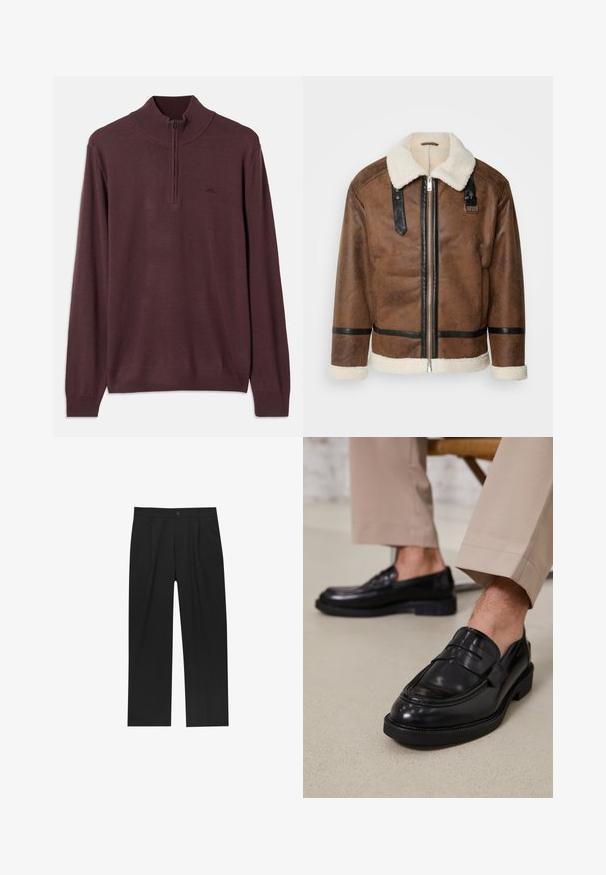 Brun läderjacka med svarta accenter och en fårskinnskrage. Har en frontdragkedja och axelremmar. Texturerad yta.; Långärmad brun stickad tröja med halvdragkedja i kragen och ribbade ärmslut och nederdel, visad mot en vit bakgrund.; Svarta byxor med rak ben-design, tillverkade av ett jämnt tyg. Har framfickor och en enkel knapplåsning i midjan.; Svarta läder loafers med en slät finish, prydda med en dekorativ rem och kontrastsöm, tillsammans med beiga byxor.