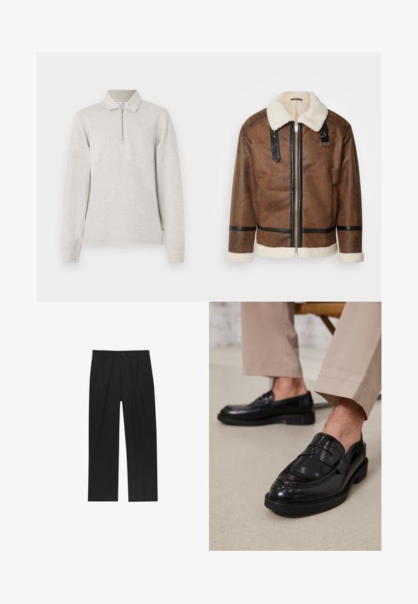 Veste en cuir marron avec des accents noirs et un col en shearling. Présente une fermeture à glissière à l'avant et des détails de sangle aux épaules. Fini texturé.; Polo gris clair à manches longues avec un col à demi-zip, un design à col et des manches à poignets, fabriqué en un tissu texturé doux.; Pantalons noirs au design droit, fabriqués à partir d'un tissu lisse. Dotés de plis sur le devant et d'une fermeture à un bouton à la taille.; Mocassins en cuir noir avec une finition lisse, ornés d'une sangle décorative et de coutures contrastées, associés à un pantalon beige.