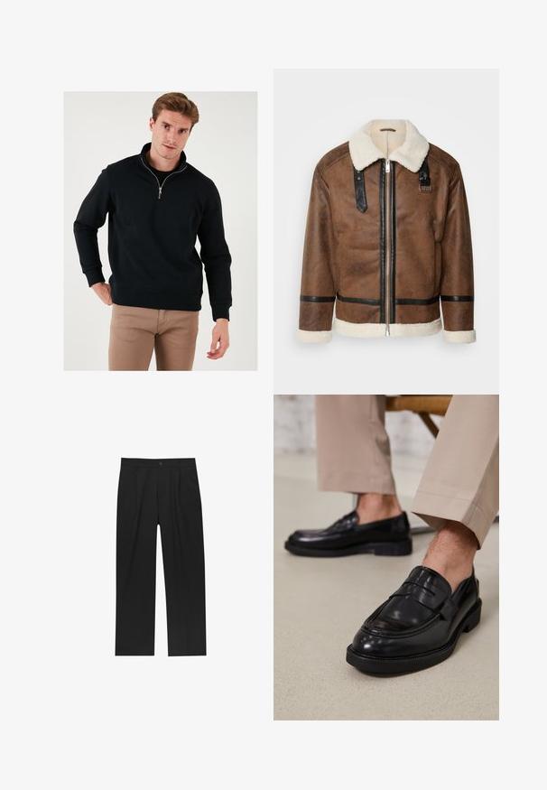 Ruskea nahkatakki mustilla yksityiskohdilla ja lämmittävällä karvatäkilla. Varustettu edessä vetoketjulla ja olkapäähihnalla. Rakenteellinen pinta.; Musta vetoketjuhuppari korkealla kauluksella, pitkät hihat ja väljä istuvuus. Valmistettu pehmeästä kankaasta, jossa on resorit hihansuissa ja helmassa.; Mustat housut suoranlahkeisella muotoilulla, valmistettu sileästä kankaasta. Ominaisuuksiin kuuluu etupleateet ja yksi nappikiinnitys vyötäröllä.; Musta nahkakengät, joissa on sileä pinta, koristetasku ja kontrastisomistus, yhdistettynä vaaleanbeigeihin housuihin.