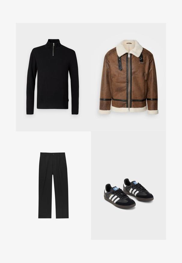 Barna bőrkabát fekete díszítéssel és báránybőr gallérral. Elülső cipzárral és vállpánt részletekkel rendelkezik. Griffes felület.; Fekete hosszú ujjú pulóver magas gallérral és rövid ezüst cipzárral az elülső középen.; Fekete nadrág egyenes szárú kialakítással, sima anyagból készült. Elöl redők és egy gombos záródás található a derékon.; Fekete sportcipők, velúrból és szintetikus anyagból készült felsőrésszel, három fehér csíkkal, textúrázott gumitalppal és kék logó címkével a nyelvén.