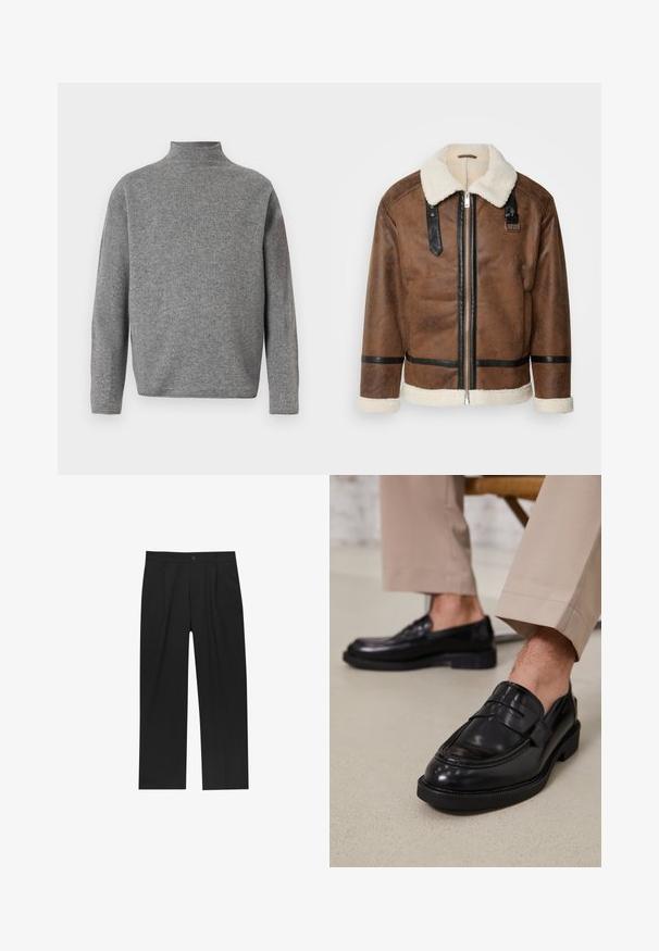 Braune Lederjacke mit schwarzen Akzenten und einem Schaffellkragen. Verfügt über einen Frontreißverschluss und einen Schulterriemen. Strukturierte Oberfläche.; Grauer Rollkragensweater mit langen Ärmeln, aus einem weichen Strickstoff gefertigt. Hat eine kastige Form und eine gerippte Kragenverzierung.; Schwarze Hose mit geradem Schnitt, aus einem glatten Stoff gefertigt. Verfügt über Vorderfalten und einen einzelnen Knopfverschluss an der Taille.; Schwarze Lederloafers mit glatter Oberfläche, ausgestattet mit einem dekorativen Riemen und Kontrastnähten, kombiniert mit beigen Hosen.