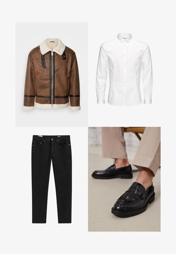 Bruineleren jas met zwarte accenten en een schapenvachtkraag. Heeft een rits aan de voorkant en schouderbanddetails. Gestructureerde afwerking.; Witte langesleeve overhemd met knopen, gemaakt van een gladde stof. Kenmerkt zich door een klassieke kraag, voor knopen en manchetten met één knoop. Slim fit ontwerp.; Zwarte denim jeans met een slanke pasvorm, voorzien van vijf zakken, metalen hardware en subtiele stikdetails. Glad textuur en recht gesneden design.; Zwarte leren loafers met een gladde afwerking, voorzien van een decoratieve band en contrasterende stiksels, gecombineerd met beige broeken.